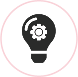 Icon of a gear in a lightbulb, circle by a pink outline