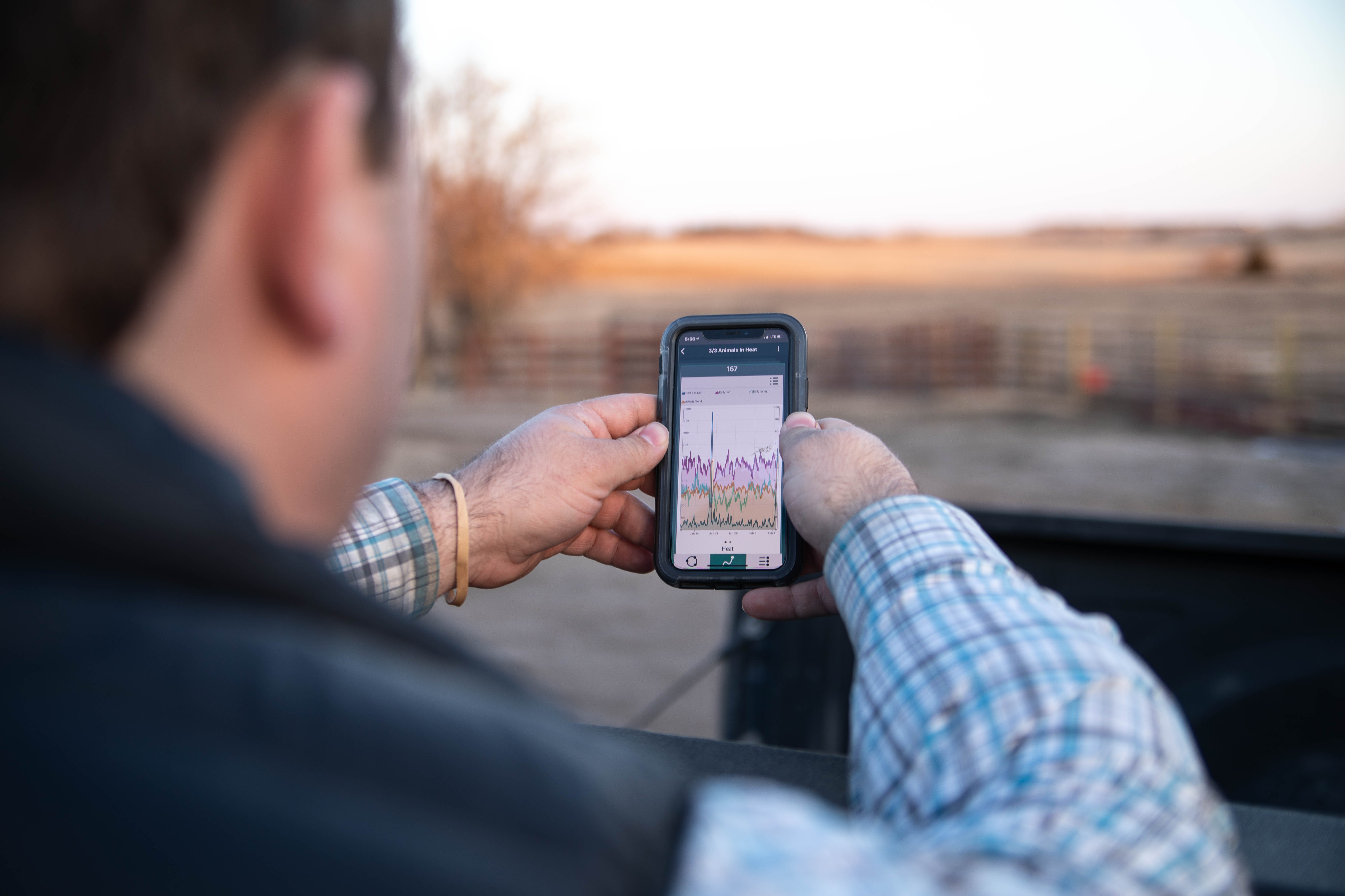 Photograph of a farmer using the SenseHub application on his mobile phone