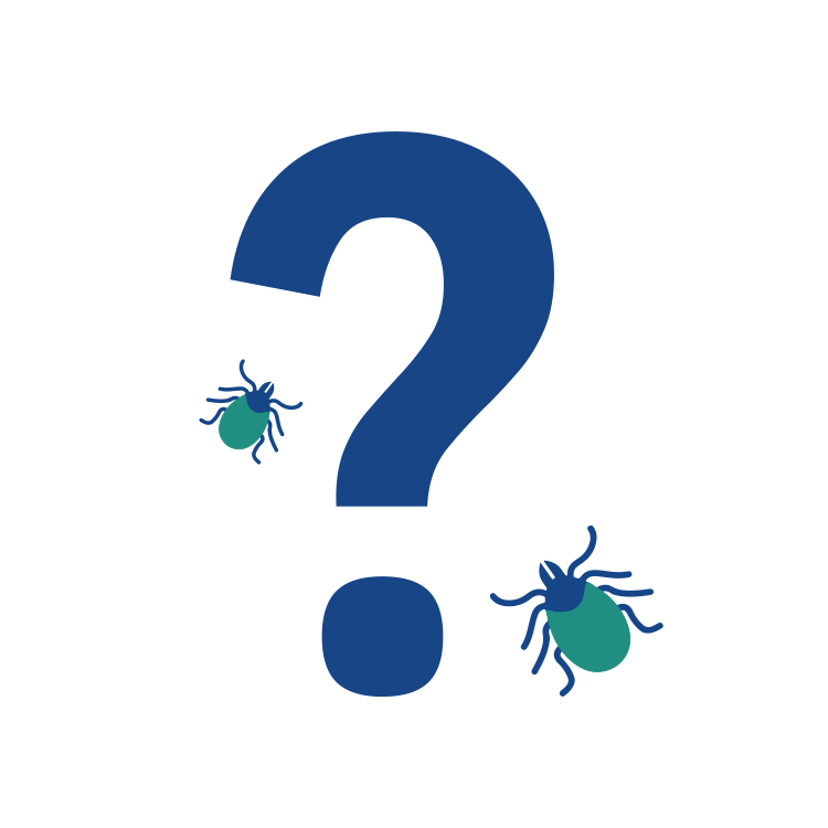 A central question mark surrounded by ticks. Curious about ticks? Navigate our FAQ