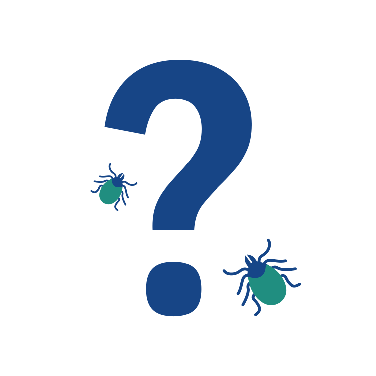 A central question mark surrounded by ticks. Curious about ticks? Navigate our FAQ