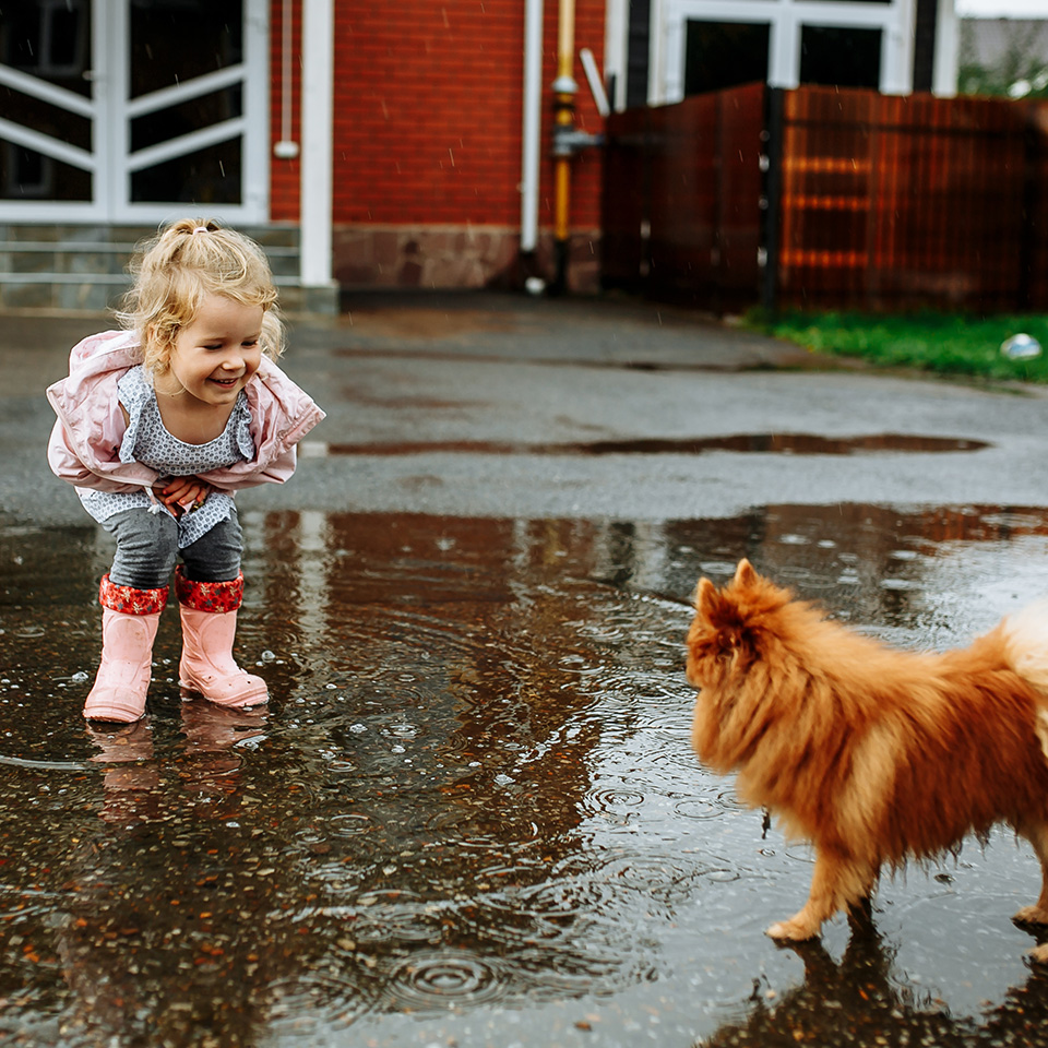 A young girl joyfully playing with a dog in a puddle of water