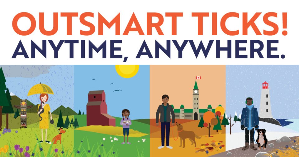 Illustration representing seasons with a text "OUTSMART TICKS! ANYTIME, ANYWHERE."