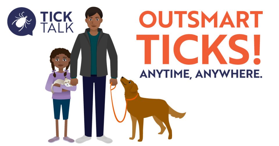 A father and daughter with their dog, with a text "Outsmart ticks! Anytime Anywhere"