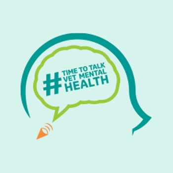 Pictogram representing a human head with a brain that contain a text: "TIME TO TALK VET MENTAL HEALTH"
