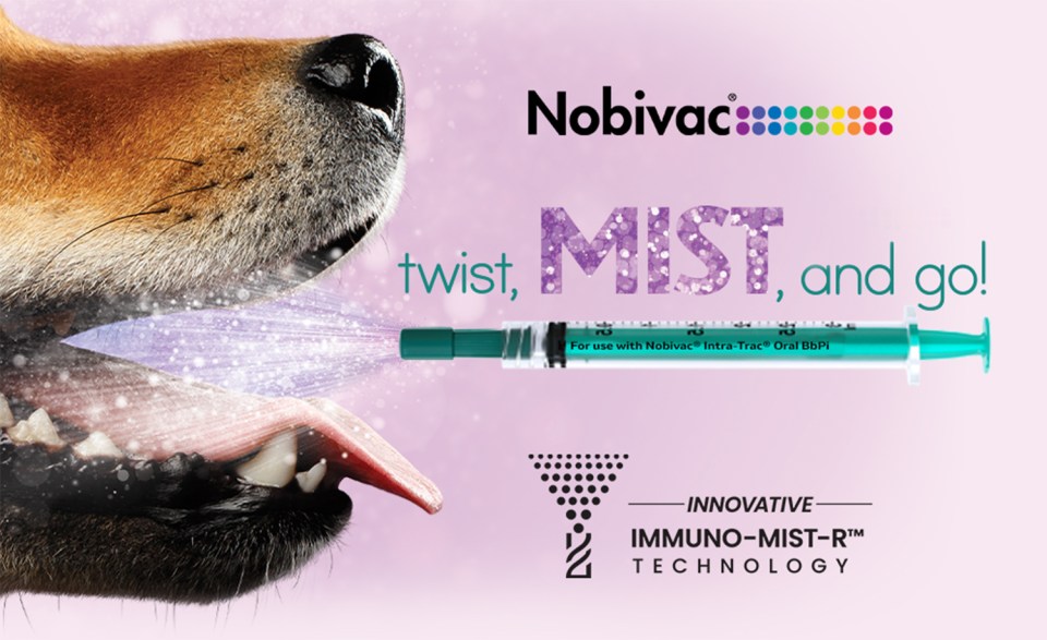Representation of the use of nobivac intra-trac oral bbpi syringe in a dog mouth, the text says : Twist, mist and go!