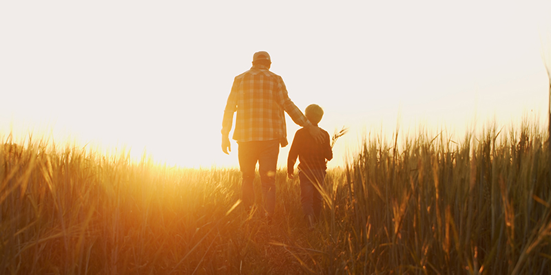 A man and child walking through a field at sunset