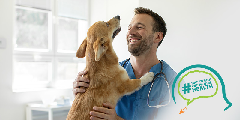 Veterinarian playing with a dog with the time to talk mental health logo