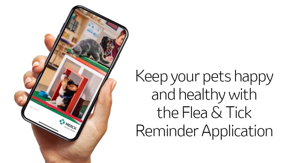 Hand holding a phone with the flea and tick app, and a text "Keep your pets happy and healthy with the Flea & Tick Reminder Application"