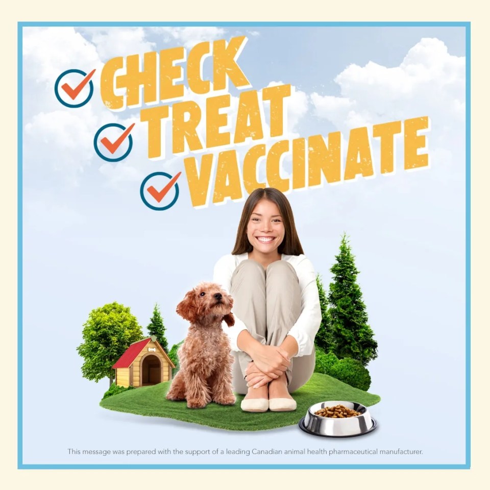 A woman sitting next to a puppy with a text "CHECK TREAT VACCINATE"