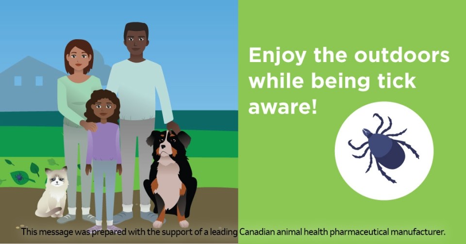 Illustration of a family with a dog and cat, on the right side there is a tick with this message : "Enjoy the outdoors while being tick aware!"