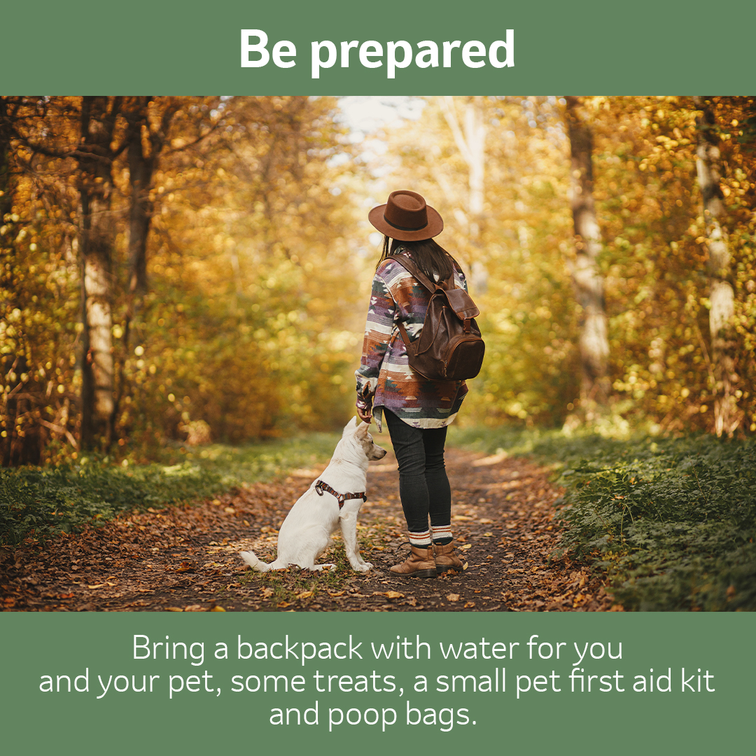 A woman and her dog on a hiking trail with the text "Be prepared. Bring a backpack with water for youand your pet, some treats, a small pet first aid kitand poop bags."