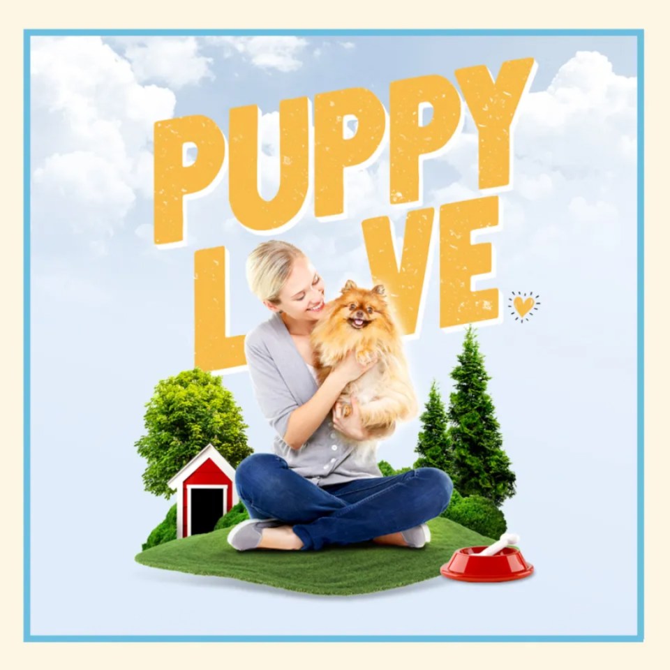 A woman holding a puppy with a text "Puppy Love"